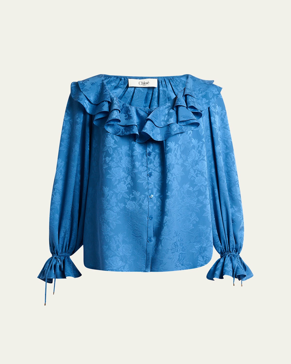 Chloé Floral Silk Jacquard Ruffle Top In Blue