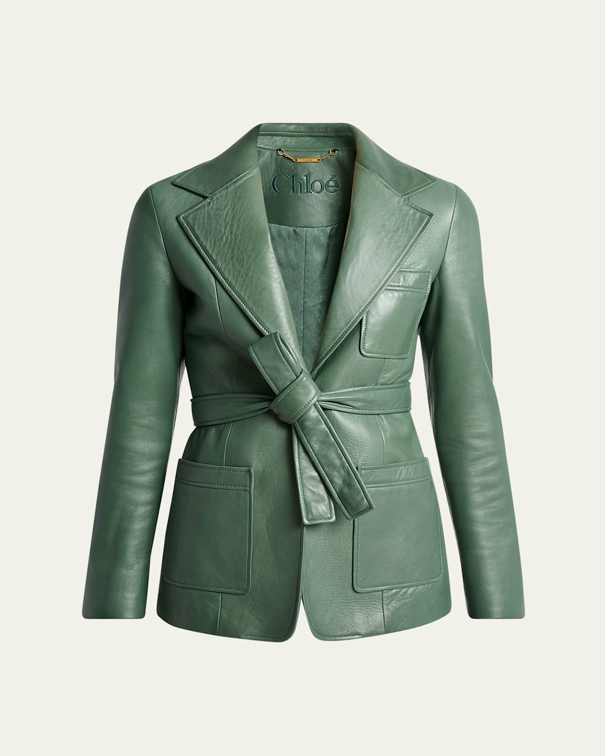 Chloé Slouch Leather Belted Single-breasted Jacket In Green