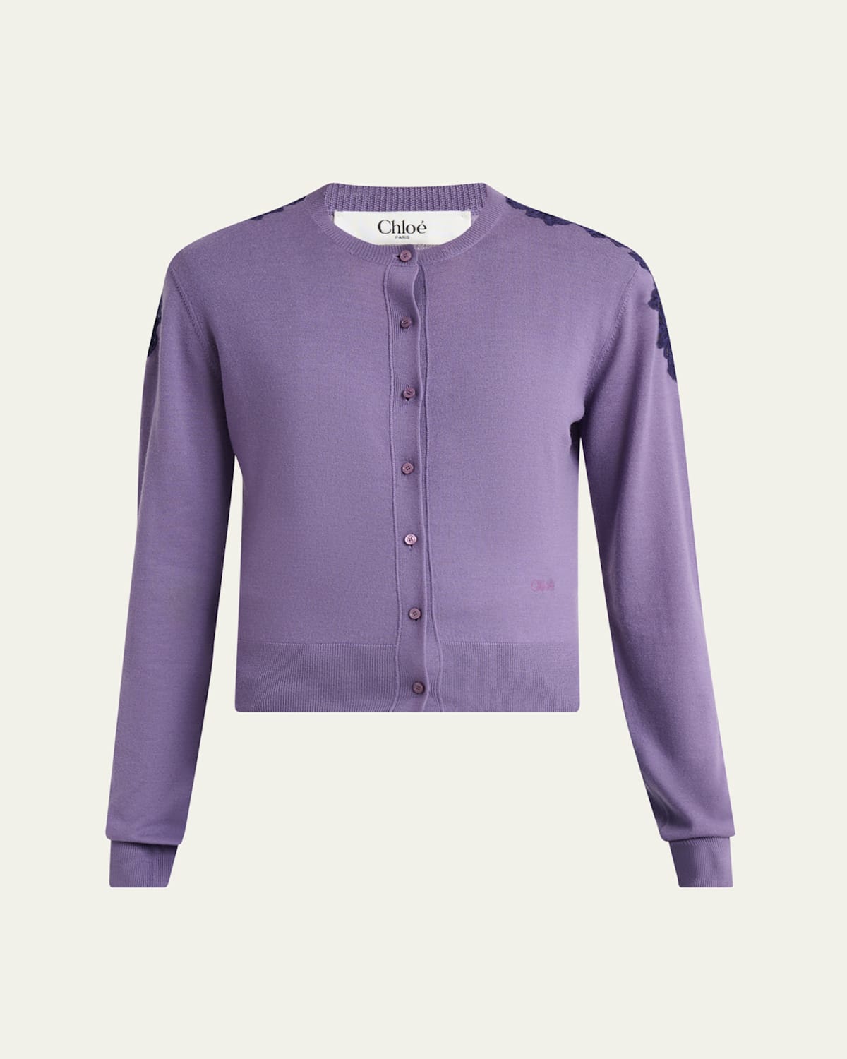 Guipure Lace-Trim Crewneck Knit Cardigan