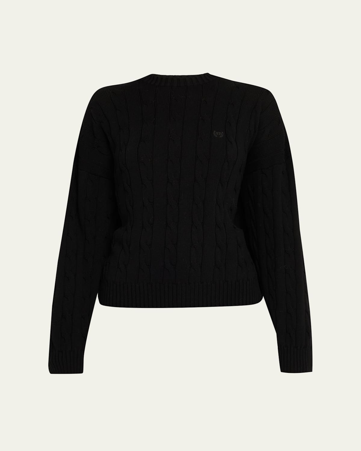 Balenciaga Cable Knit Logo Crew Neck Sweater In Black