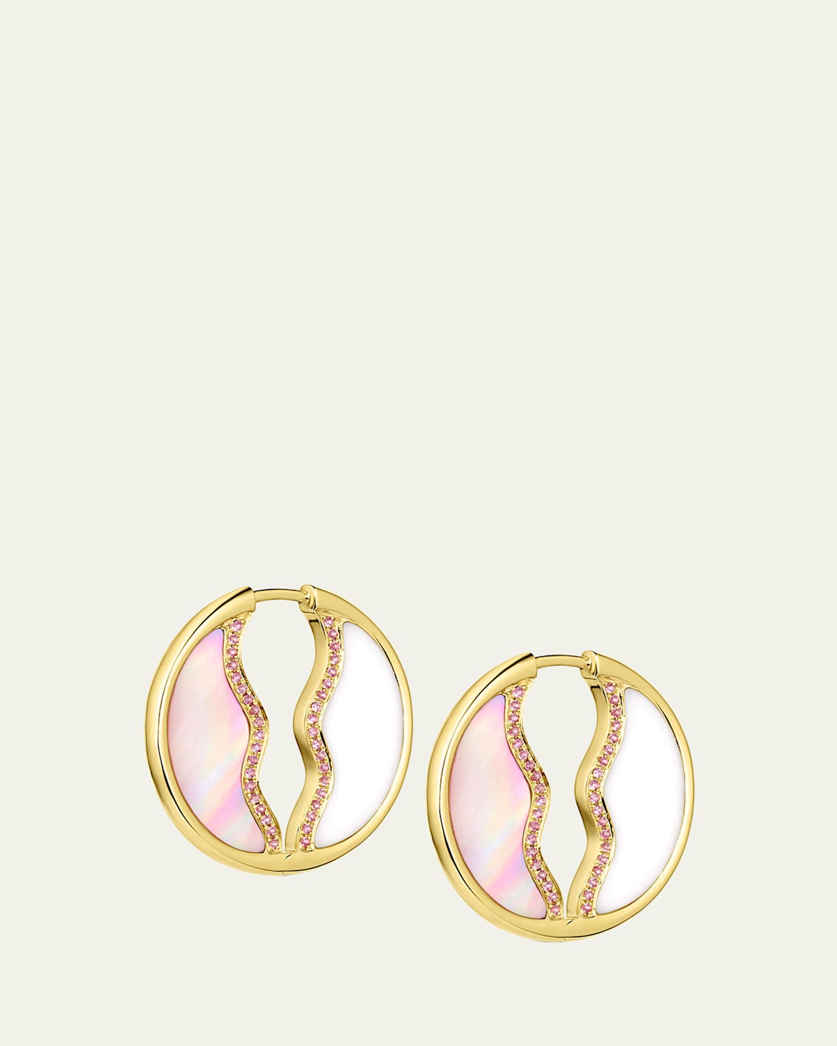 So Wavy Stone Hoop Earrings with Pink Sapphires, Pink Mother of Pearl and White Onyx
