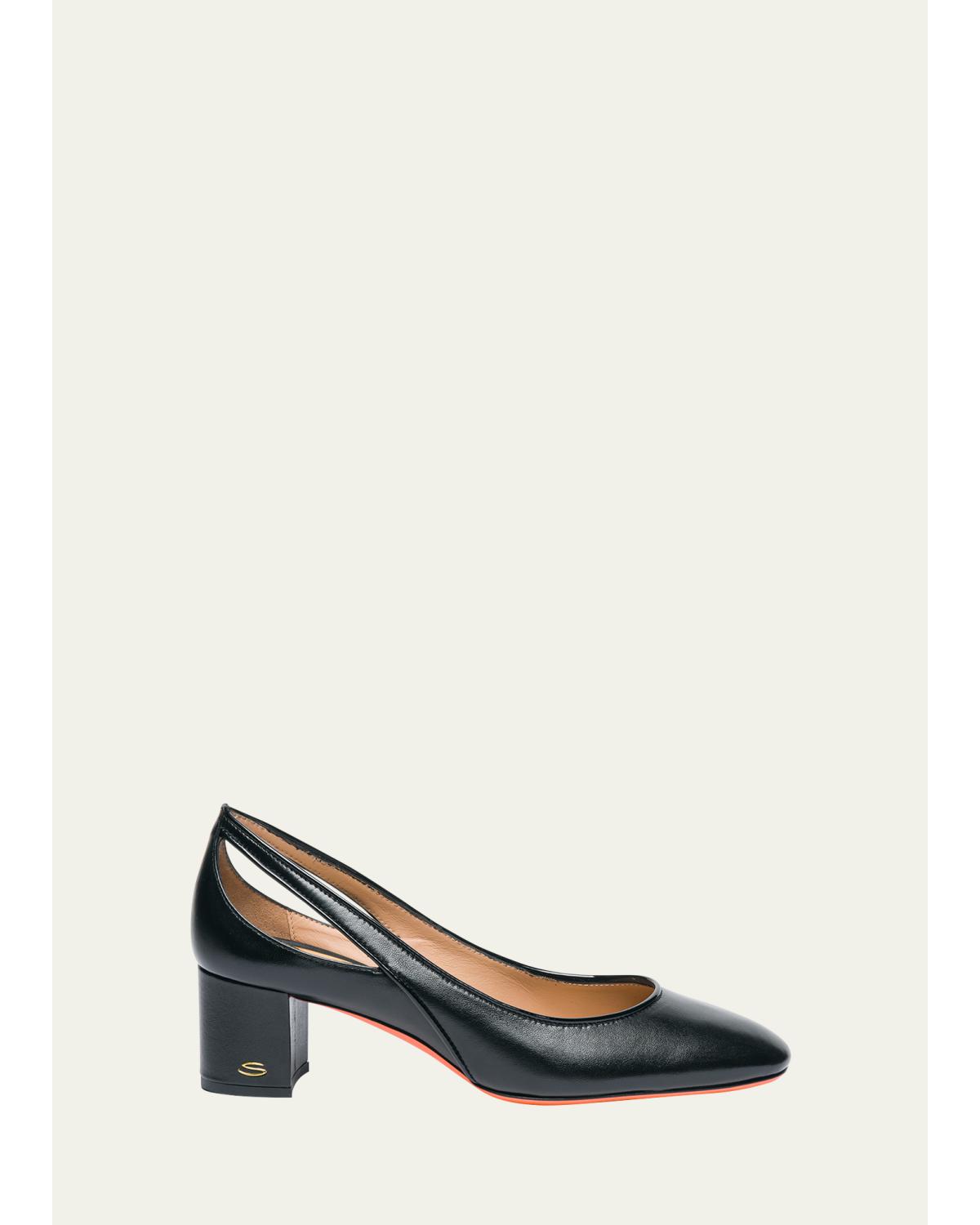 Cut-Out Mixed Leather Block Heel Pumps