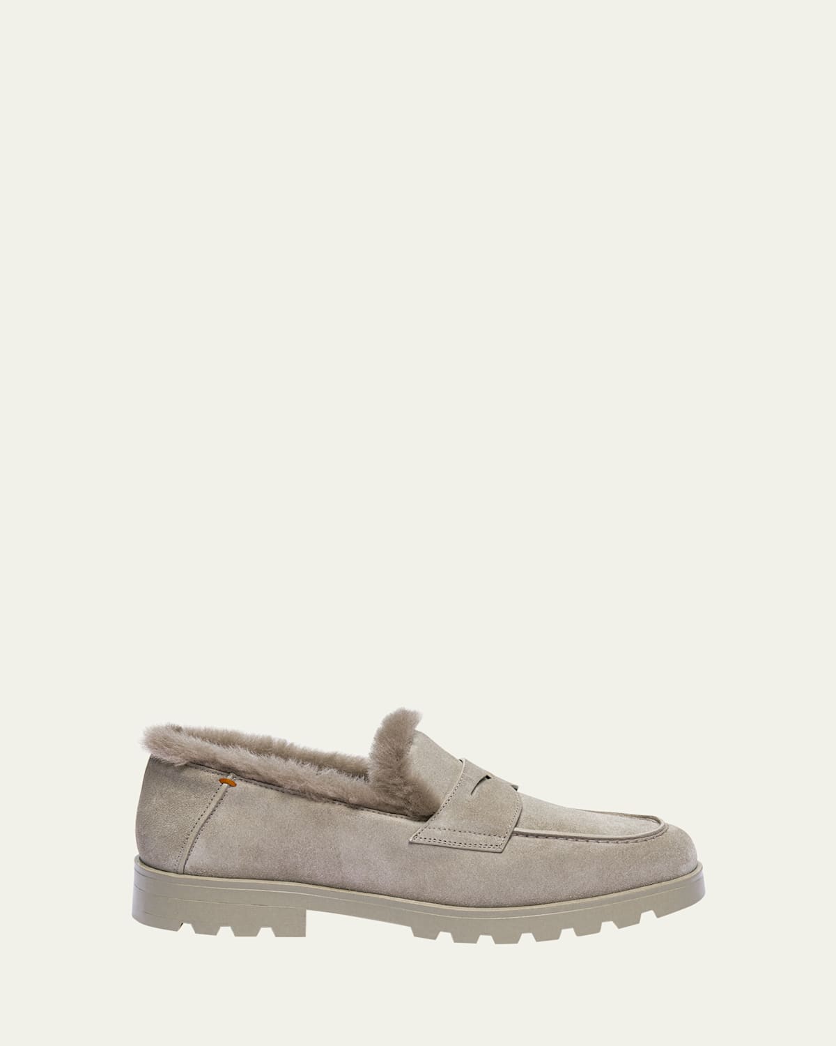 Santoni Shearling And Suede Penny Loafers In Gray