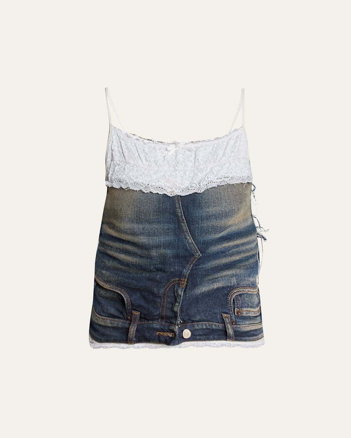 Balenciaga Denim Top With Lace Trim And Rhinestone Embellishments In Blue