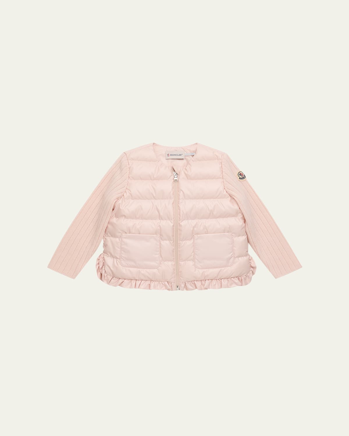 Moncler Girl's Rib-sleeve Quilted Down Cardigan In Pink