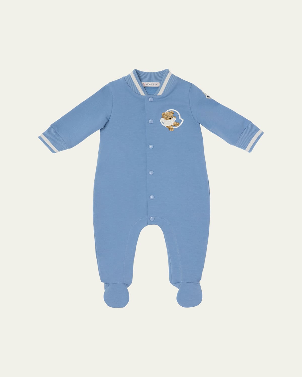Moncler Boy's Teddy Bear Varsity Footed Romper In Blue