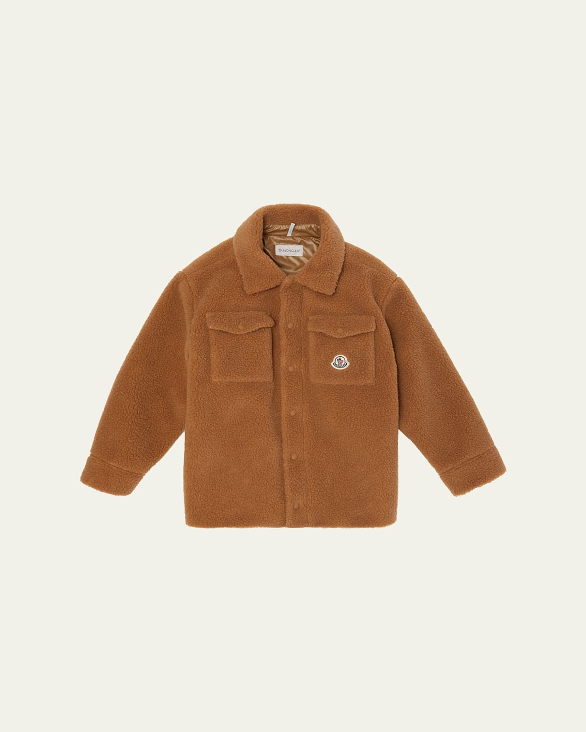Moncler Boy's Teddy Fleece Logo-patch Shirt Jacket In Brown