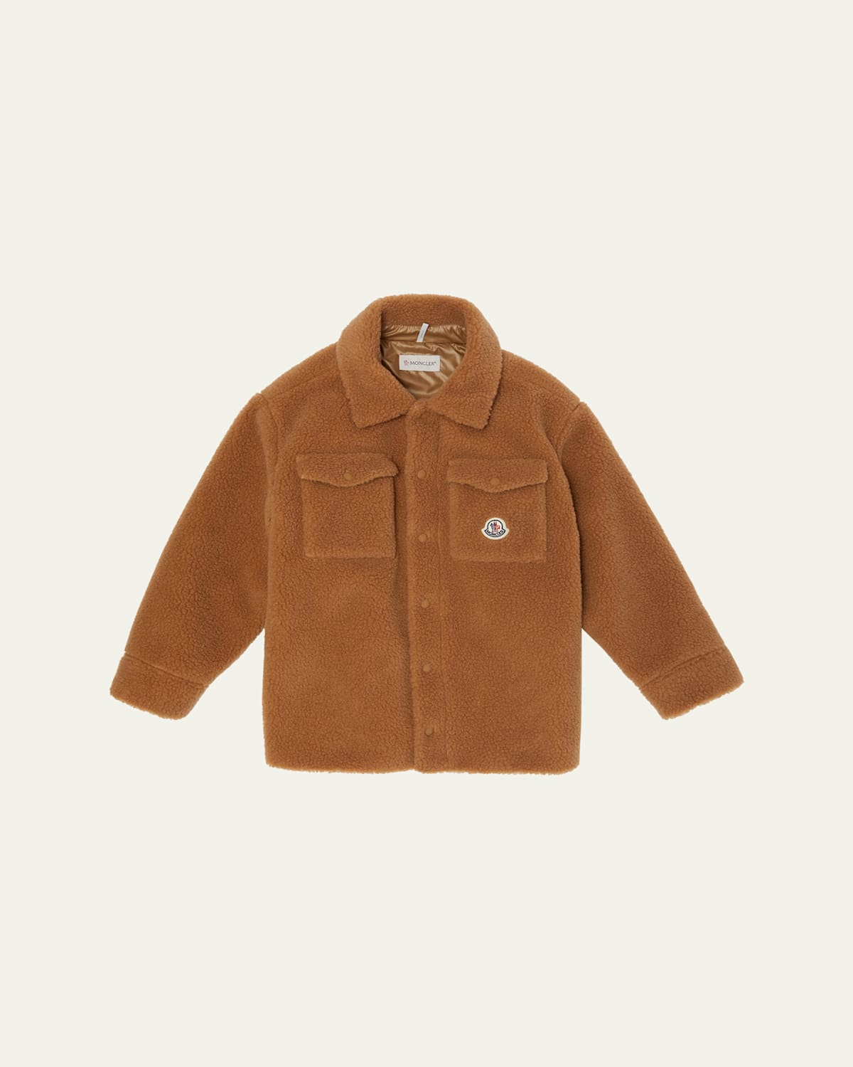 Moncler Boy's Teddy Fleece Logo-patch Shirt Jacket In Brown
