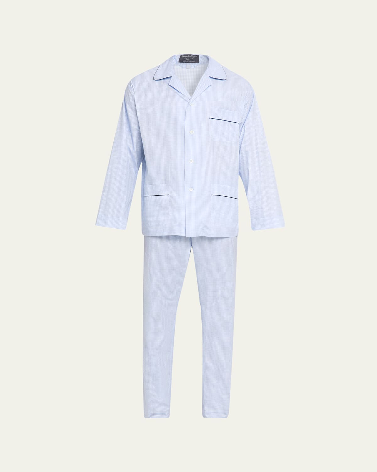 Emanuele Maffeis Men's Cotton Micro-plaid Long Pajama Set With Piping