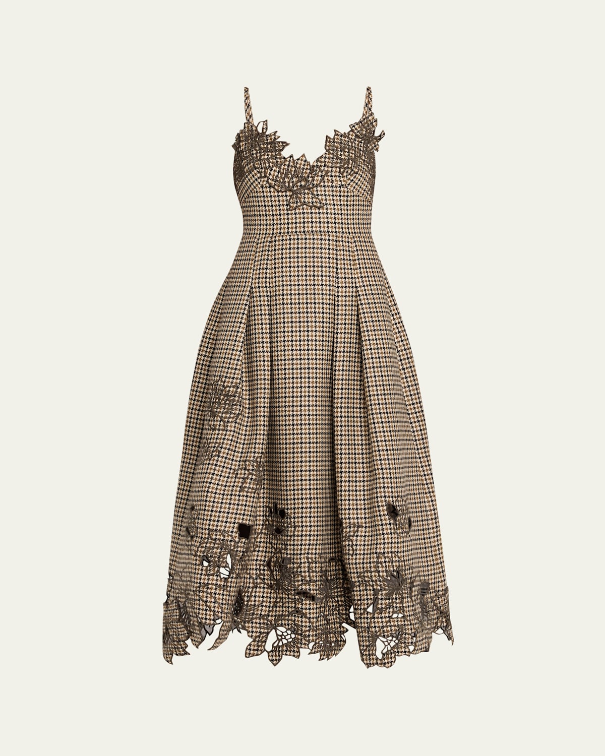 Oscar De La Renta Embroidered Pied De Poule Sleeveless Midi Dress In Brown