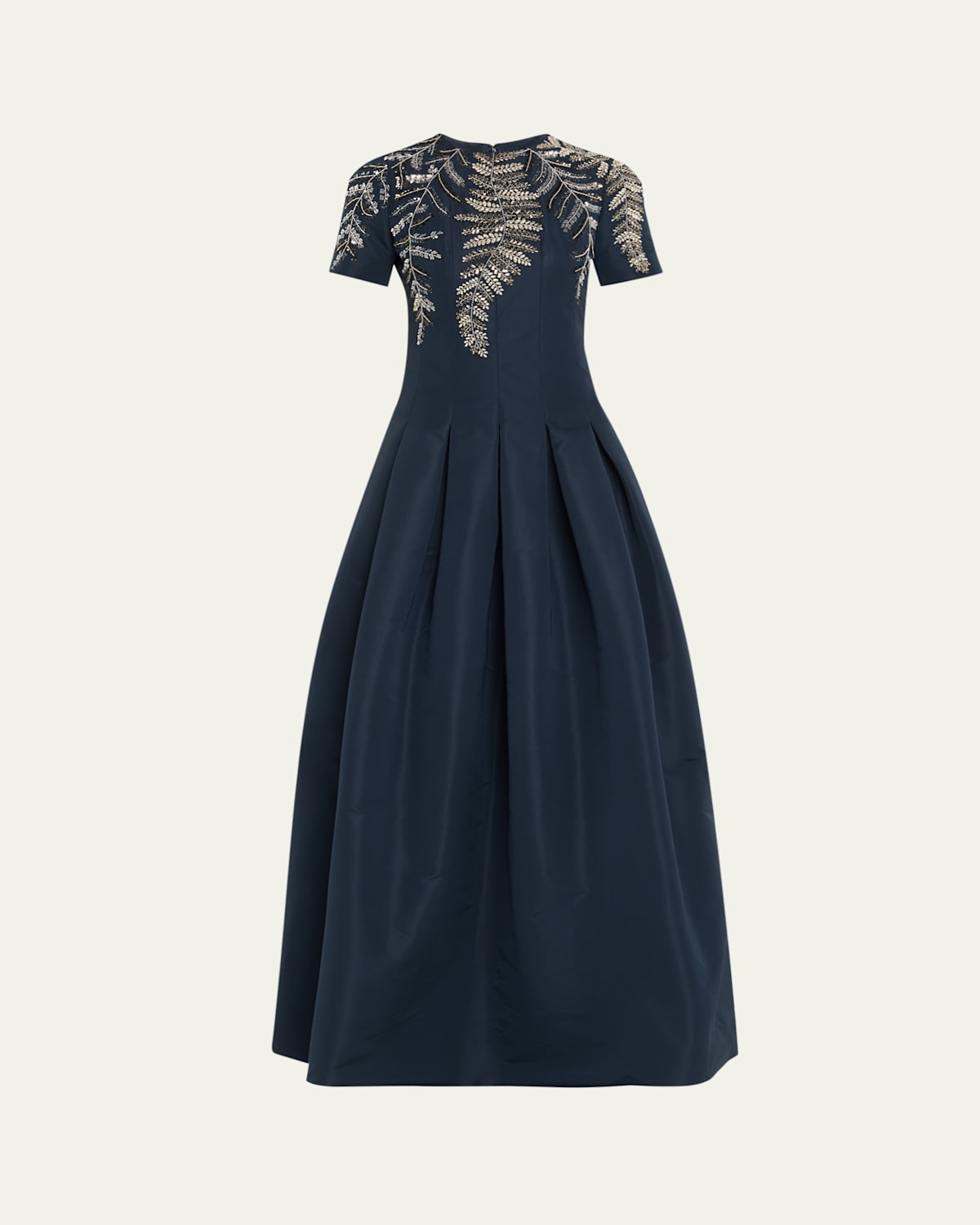 Oscar De La Renta Fern Embroidered Short-sleeve Pleated Gown In Blue