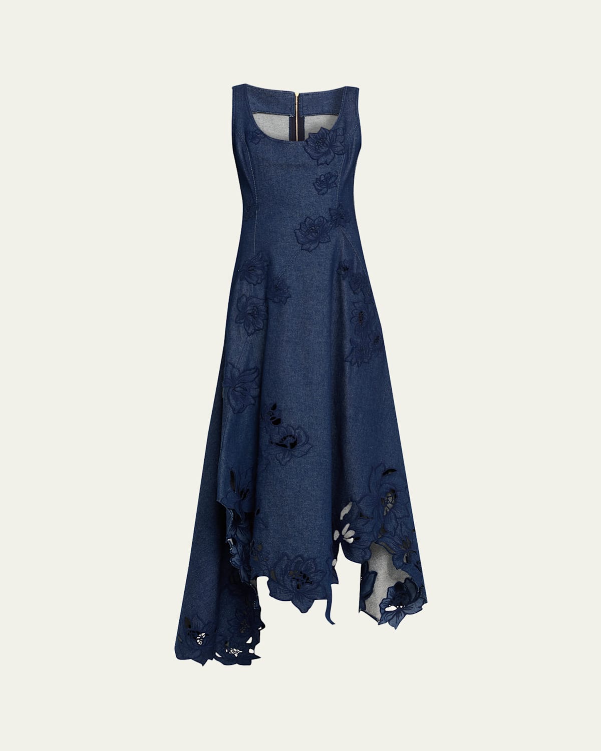 Oscar De La Renta Flower Embroidered Denim Sleeveless Maxi Dress In Blue