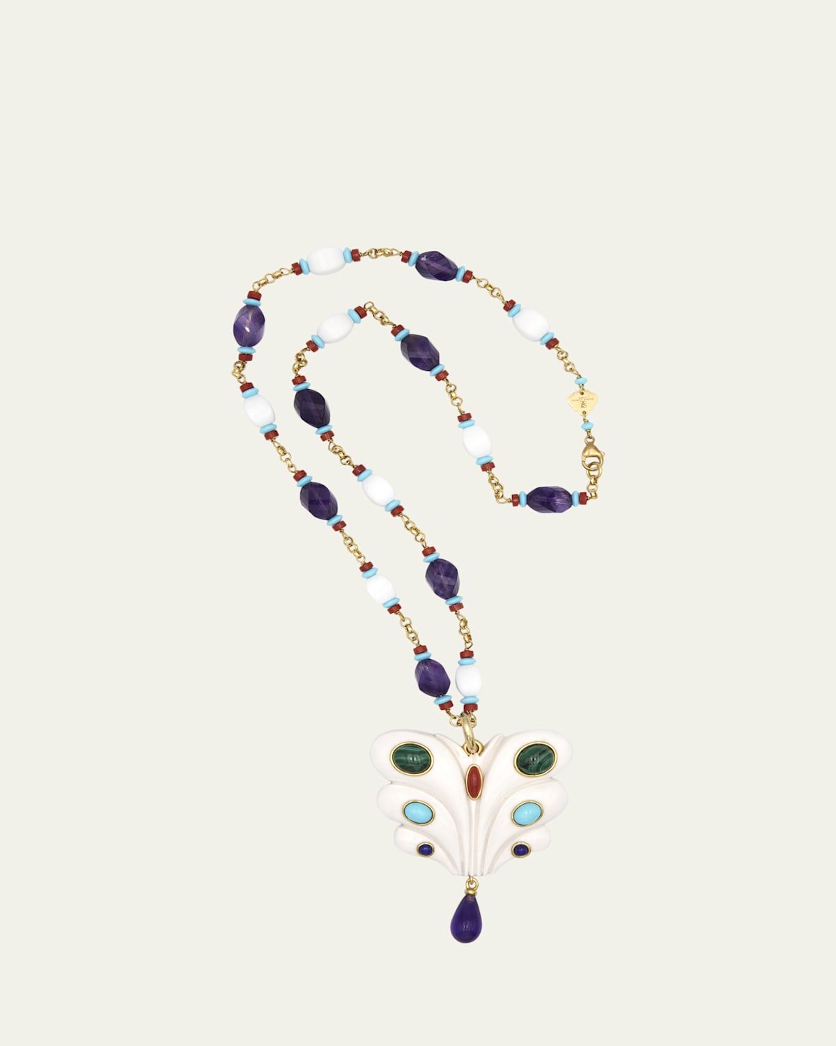 Grazia And Marica Vozza Butterfly Charm Beaded Chain Necklace with Resin and Amethyst