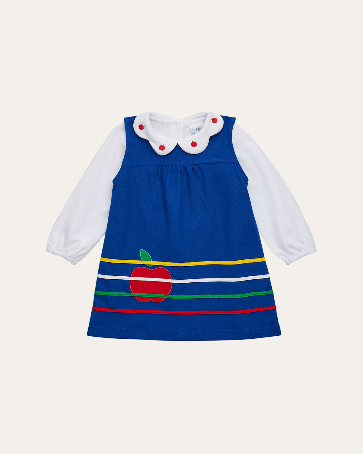 Florence Eiseman Girl's 2-piece Embroidered Apple Blouse & Jumper Dress Set In Blue