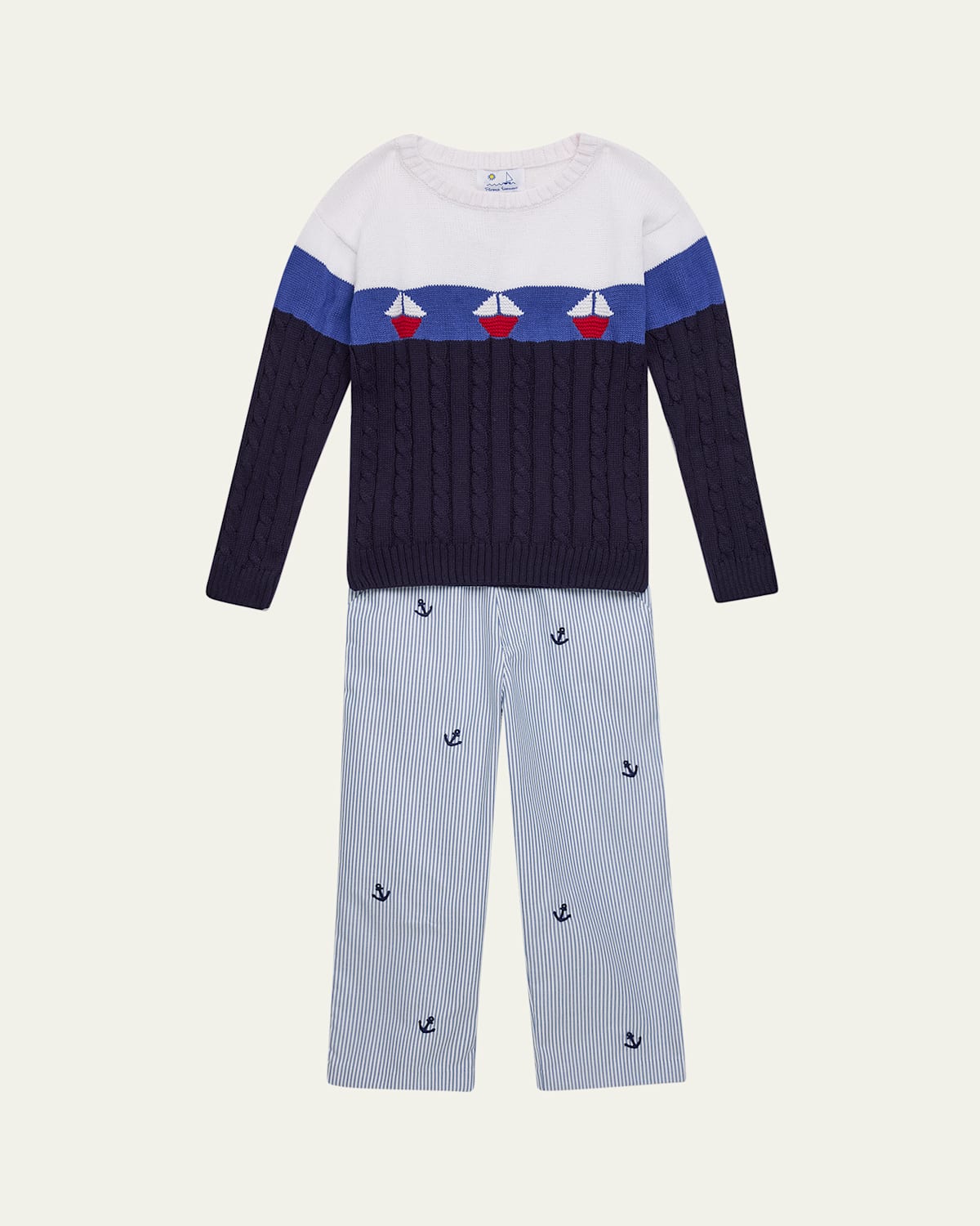 Florence Eiseman Boy's Sailboat Sweater & Striped Anchor Pants 2-piece Set In Blue