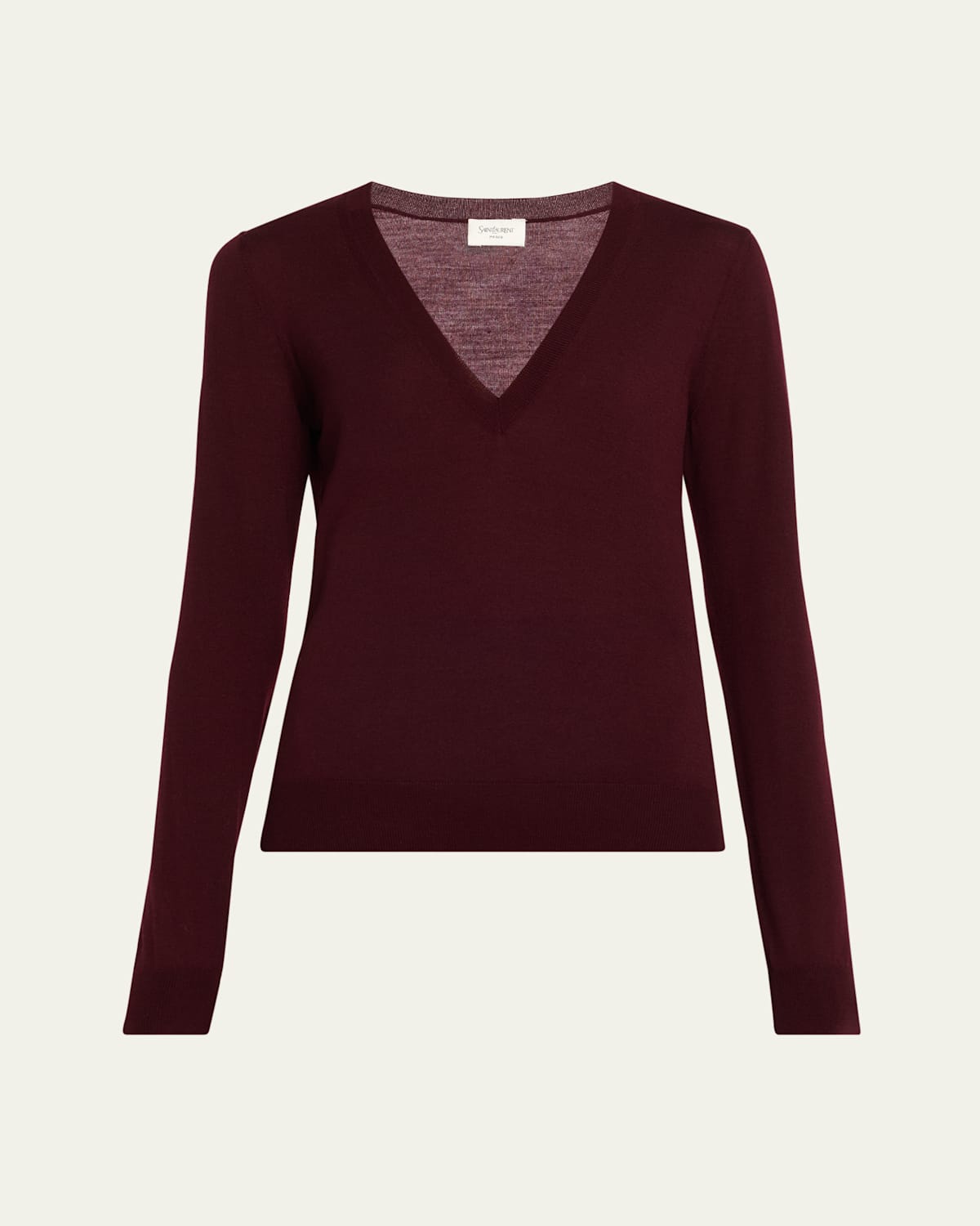 Saint Laurent Ribbed V-neck Knit Sweater With Long Sleeves In Burgundy