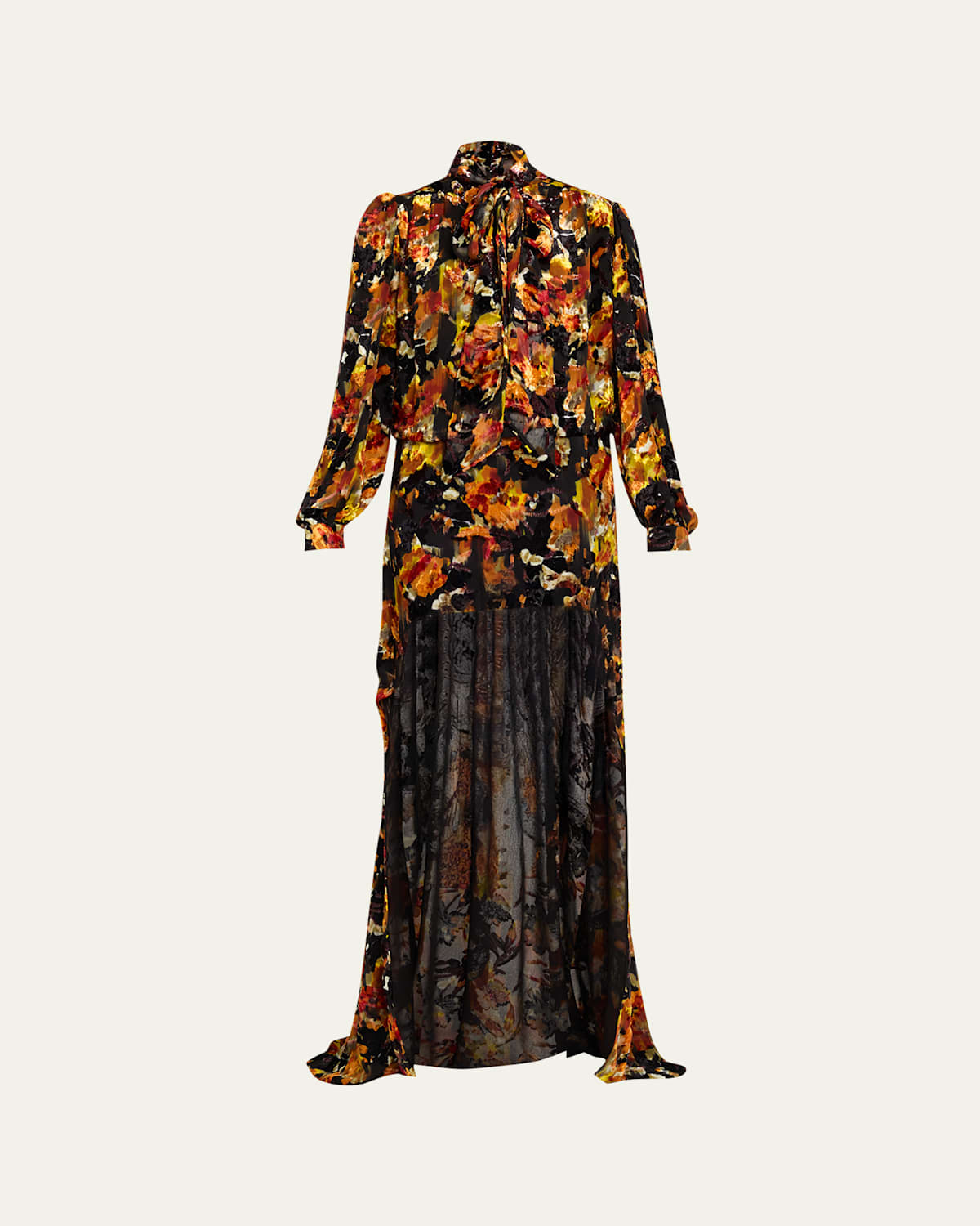 Floral Velvet Long-Sleeve High-Low Dress