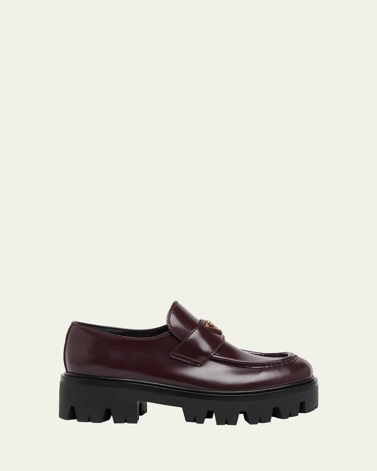 Prada Platform Leather Triangle Logo Loafers In Burgundy