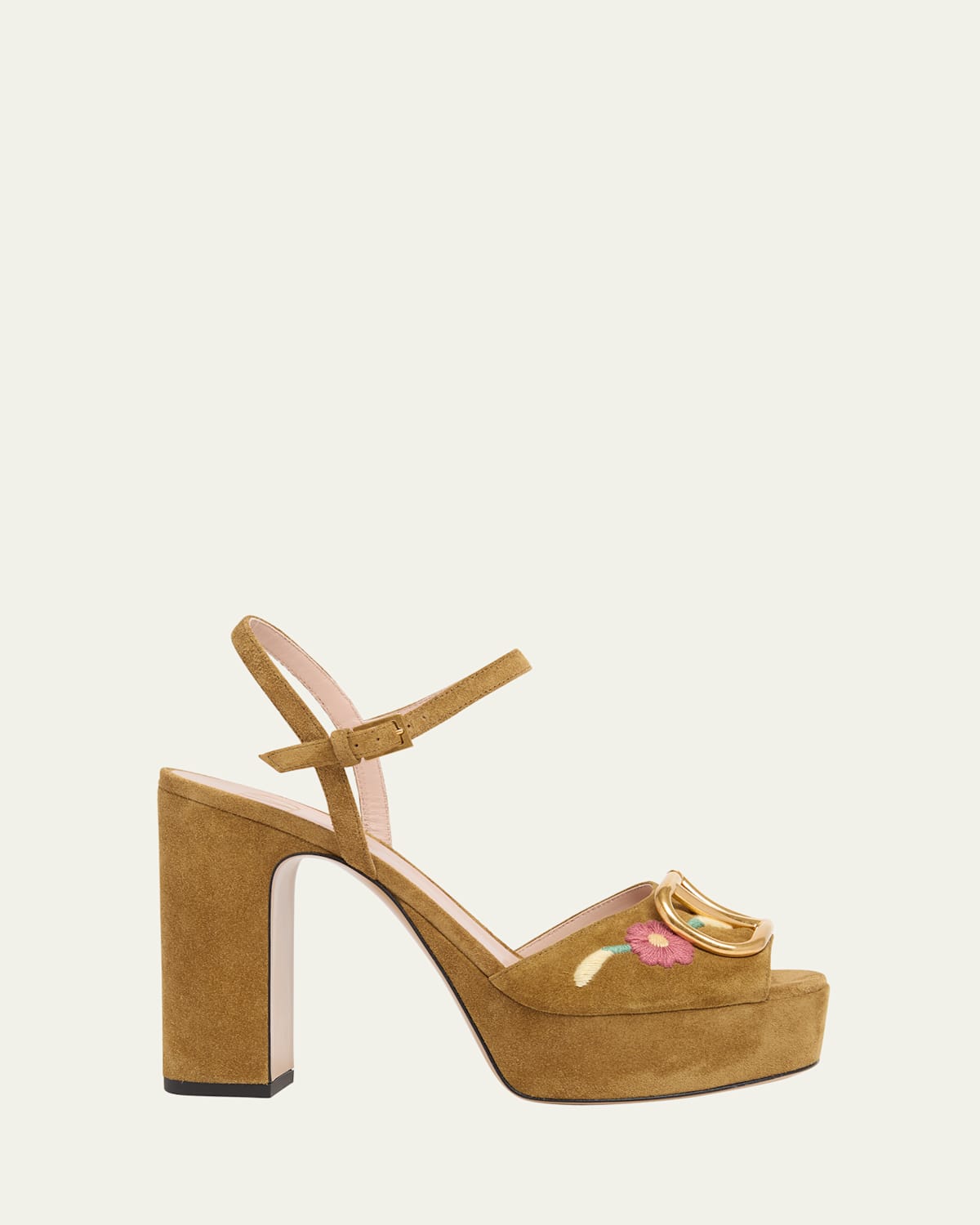 Valentino Floral Embroidered Vlogo Suede Platform Sandals In Brown