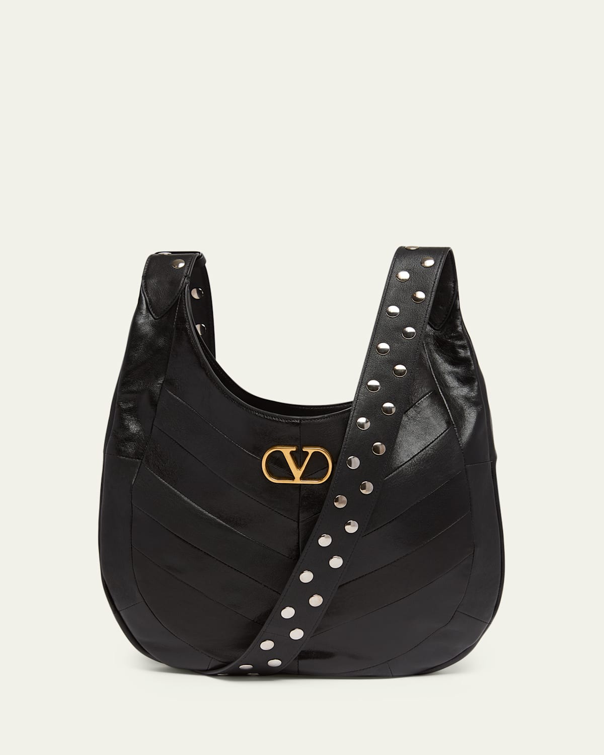 Valentino Hoboho Studded Patchwork Leather Hobo Bag In Black