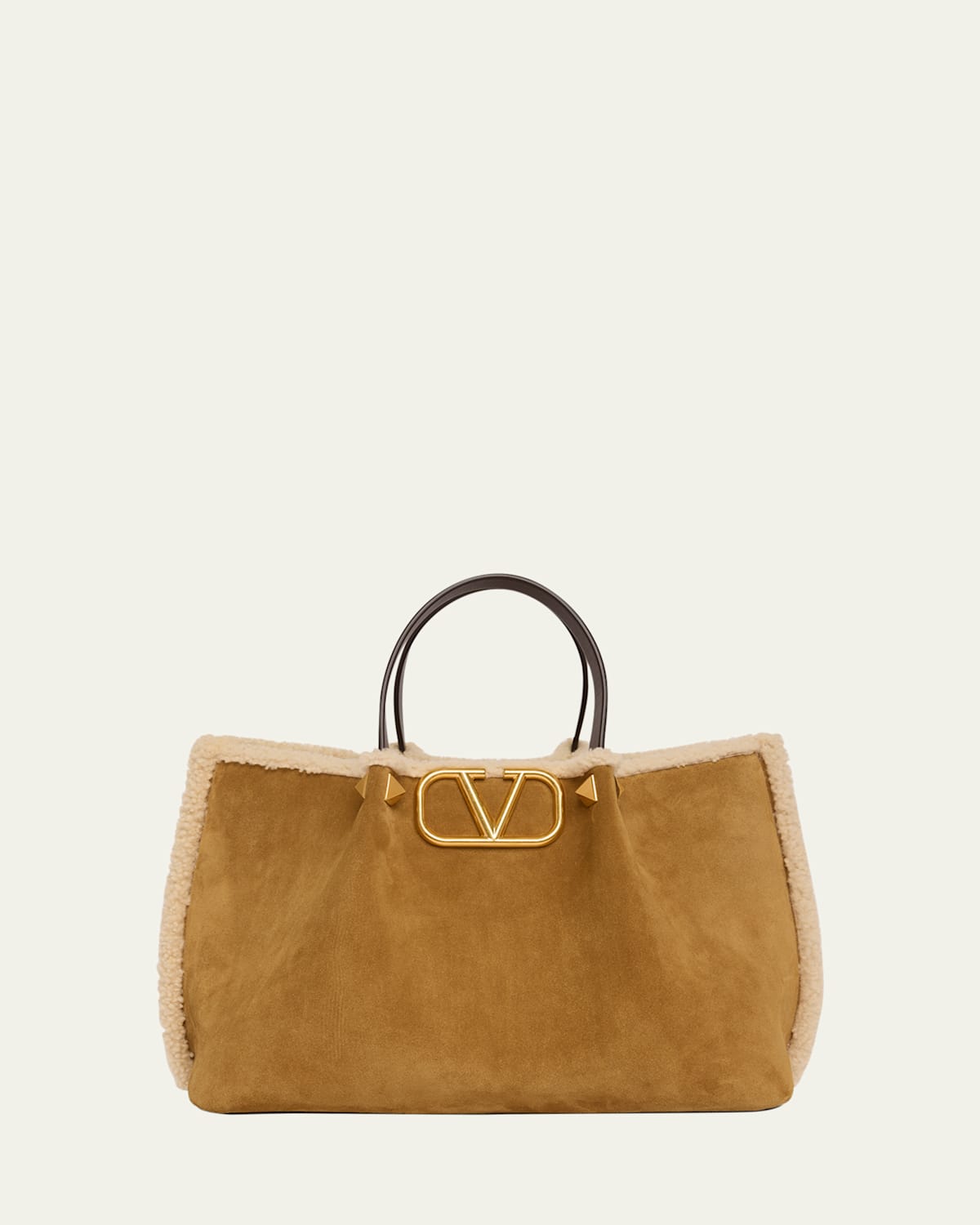 Valentino Garavani Medium Suede Shopping Bag With Shearling Lining In Brown