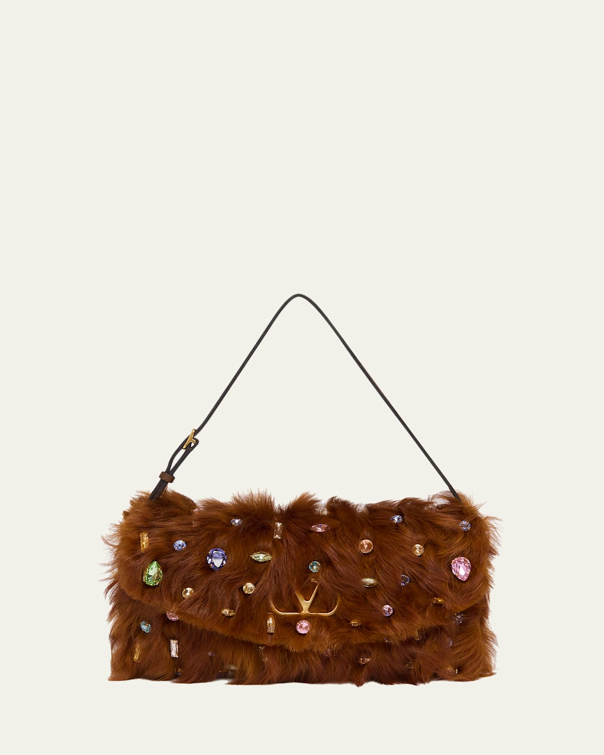 Valentino Vain Strass Fuzzy Shearling Shoulder Bag In Brown