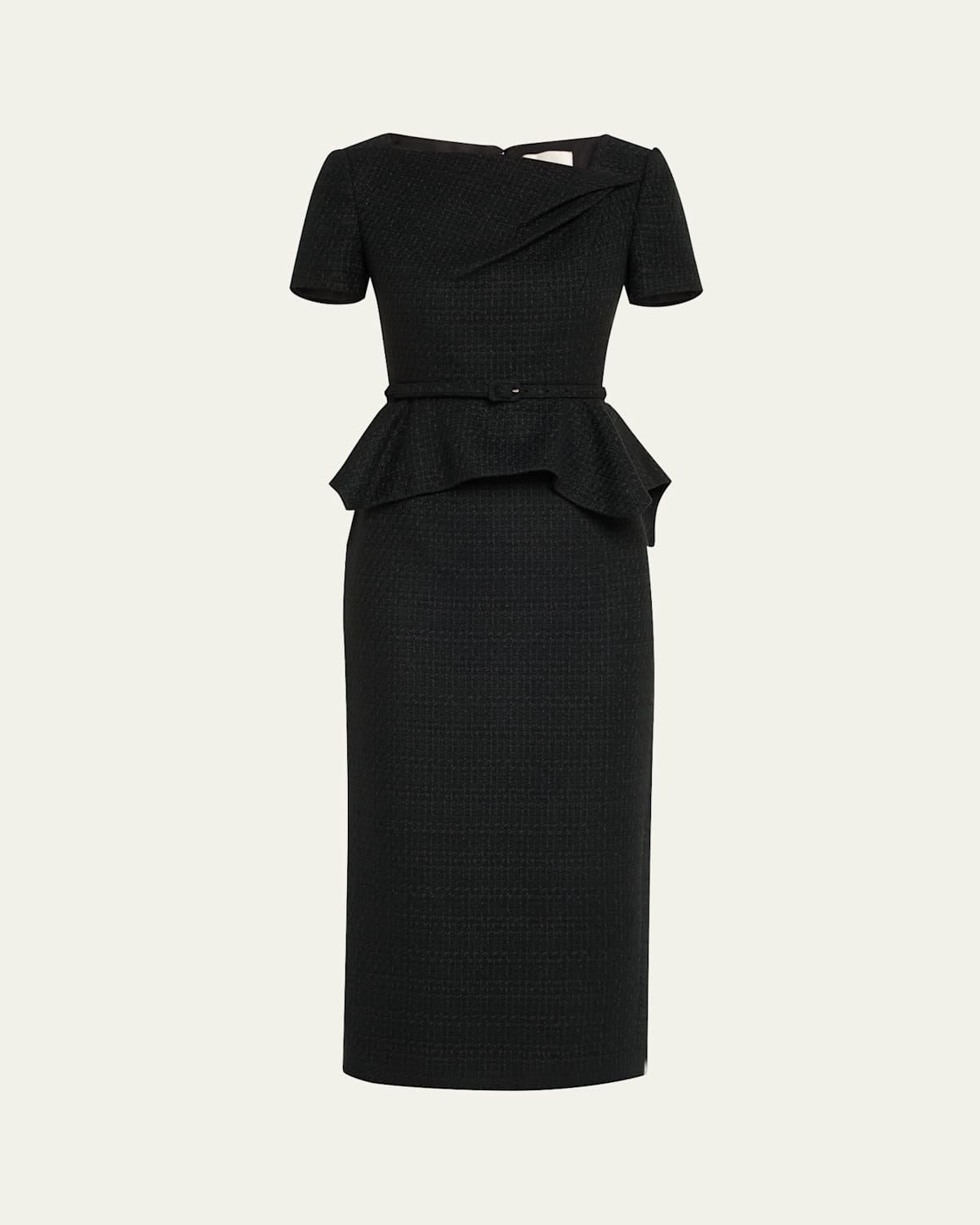 Roland Mouret Asymmetric Twist Boucle Belted Peplum Midi Dress In Black