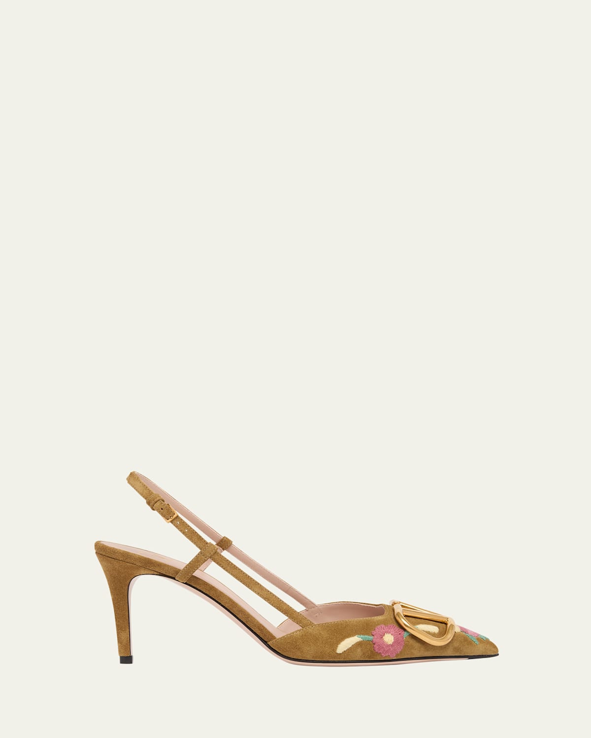 Valentino Vlogo Signature Flower-embroidered Suede Slingback Pumps In Gold