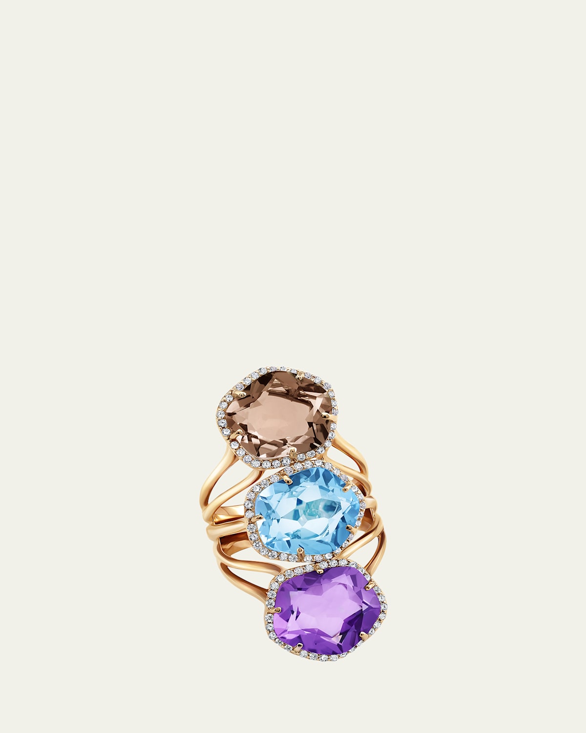 18K Gold Smokey Quartz, Blue Topaz and Amethyst Dora Ring