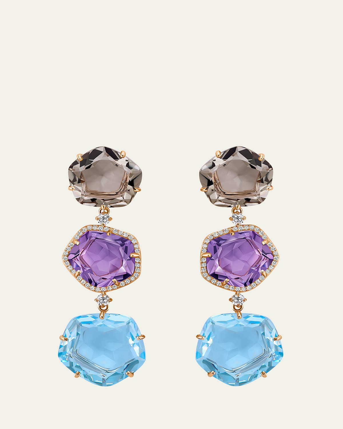 18K Rose Gold Smokey Quartz, Blue Topaz and Amethyst Francoise Earrings