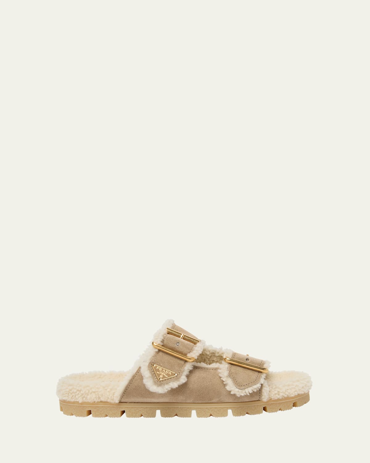 Prada Suede Shearling Lined Dual-buckle Slide Sandals In Green