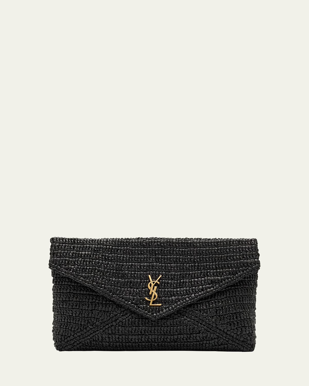 Saint Laurent Large Envelope Flap Ysl Clutch Bag In Raffia In Black