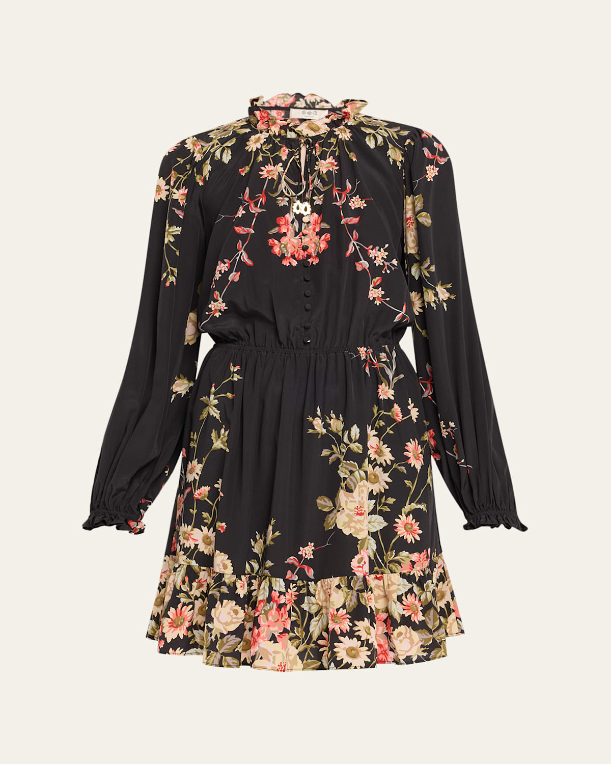 Sea Jolie Ruffled Floral-print Crepe De Chine Mini Dress In Black