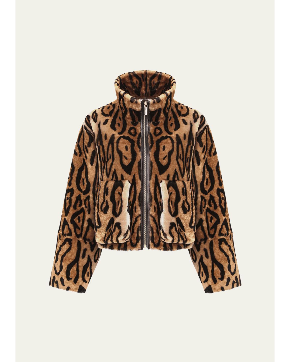 Ocelot-Print Shearling Lamb Zip Jacket