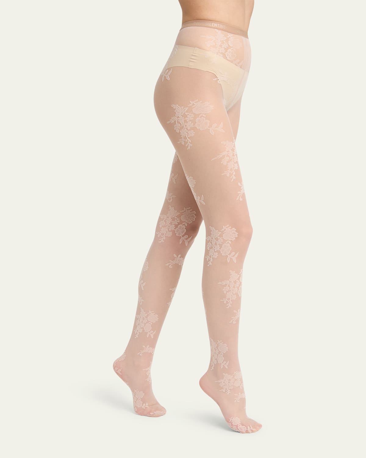 Valentino Floral Lace Tights In Nude