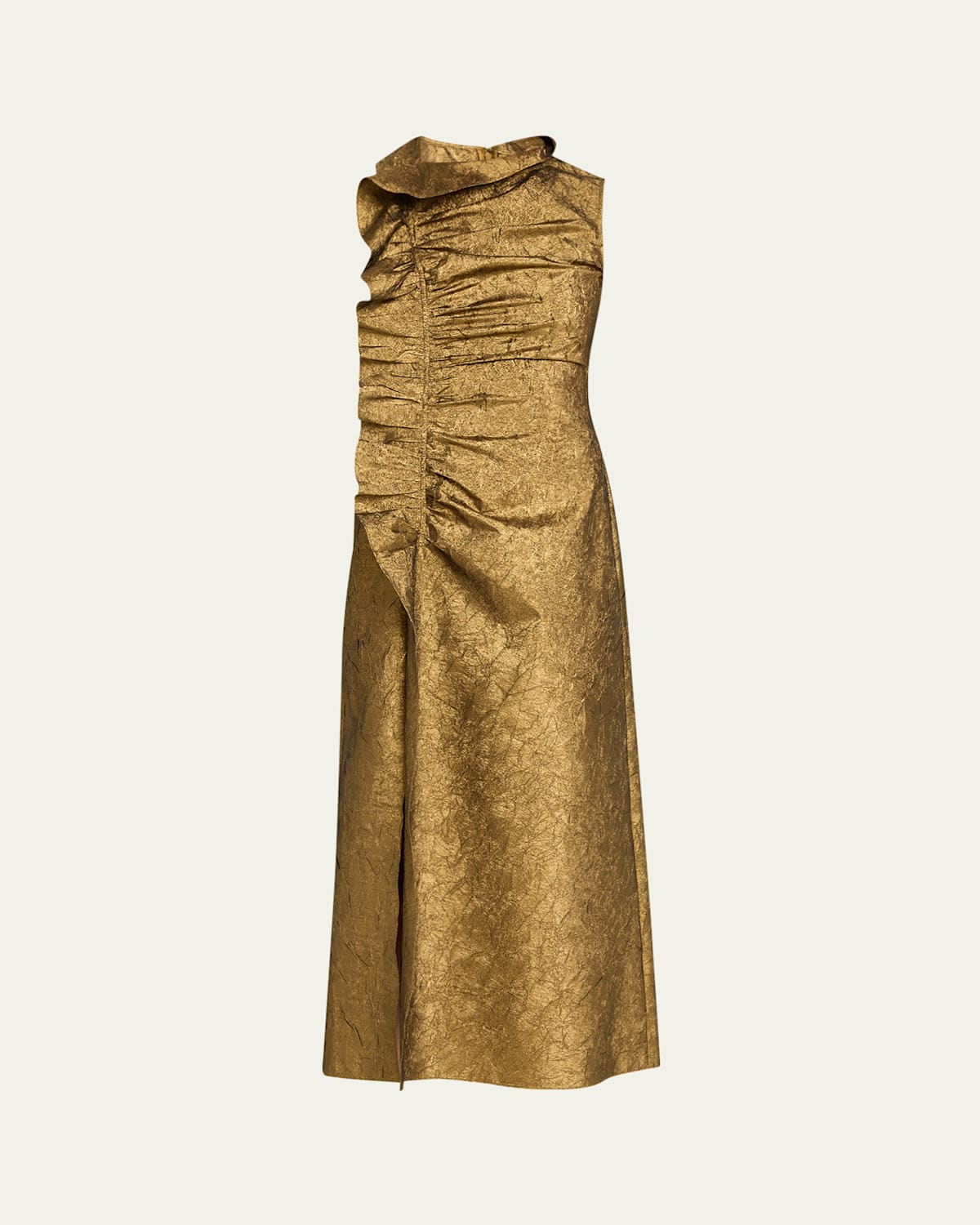 Ulla Johnson Demetria Ruffled Ruched Metallic Crinkled-taffeta Midi Dress In Gold