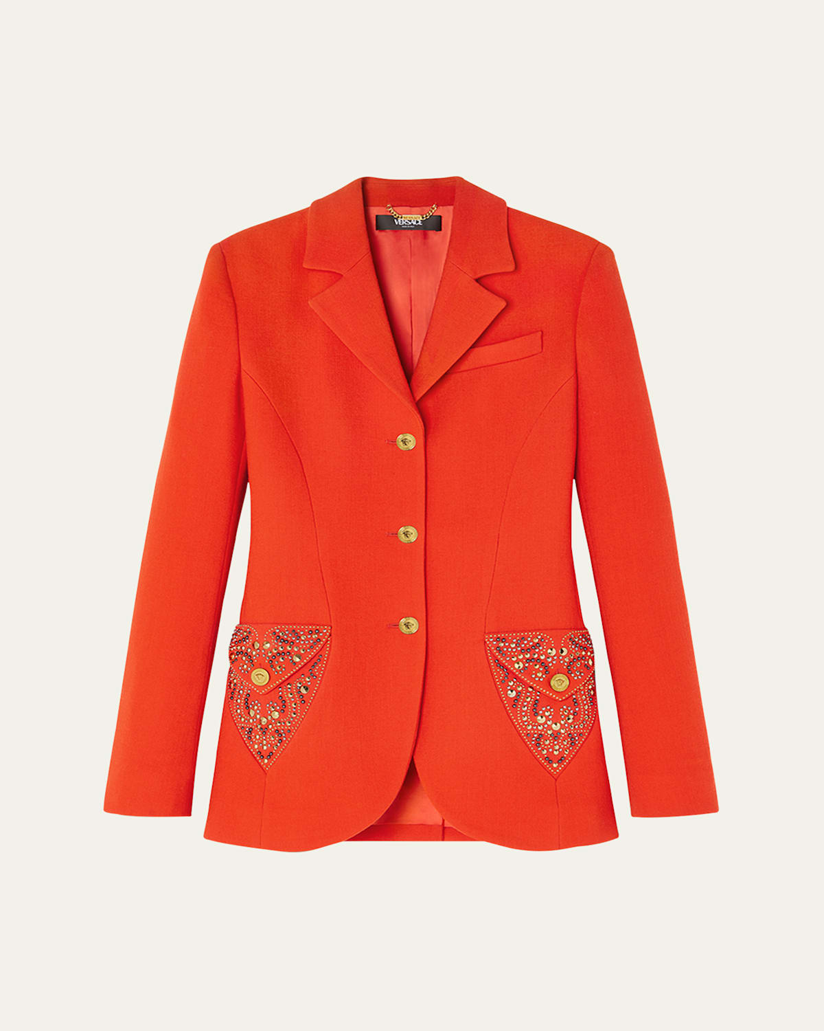 Versace Studded Single-breasted Wool Crepe Jacket In Orange