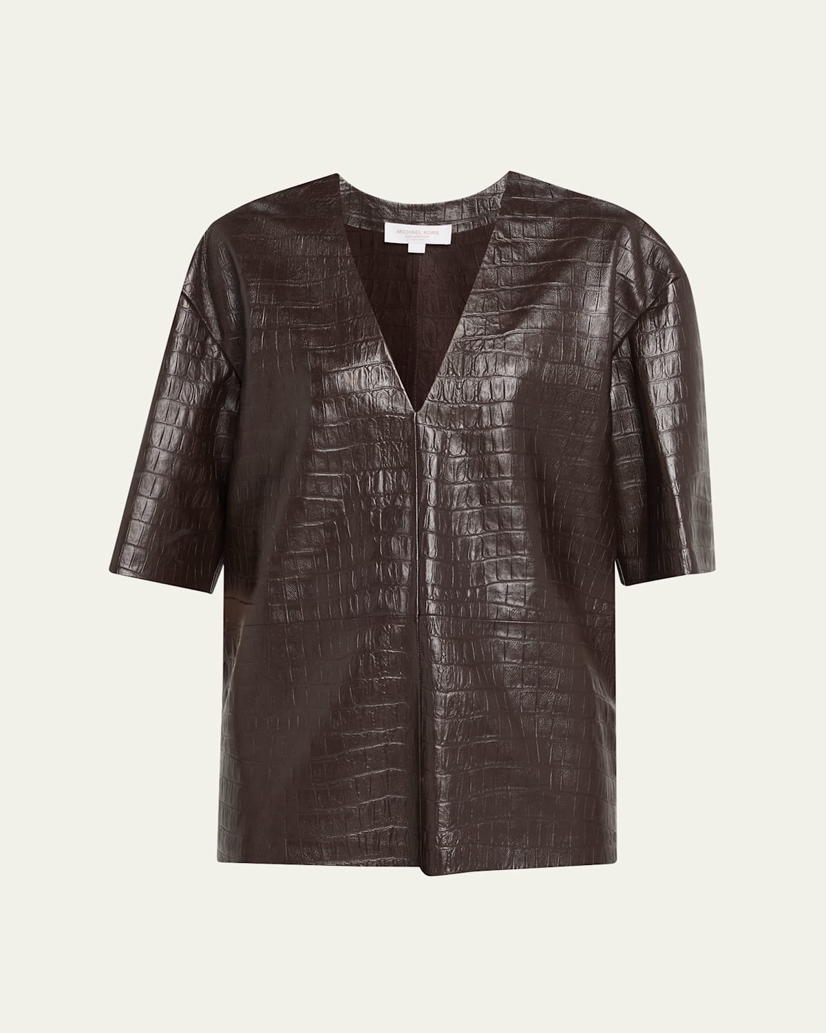 Michael Kors Crocco Leather V-neck Top In Brown
