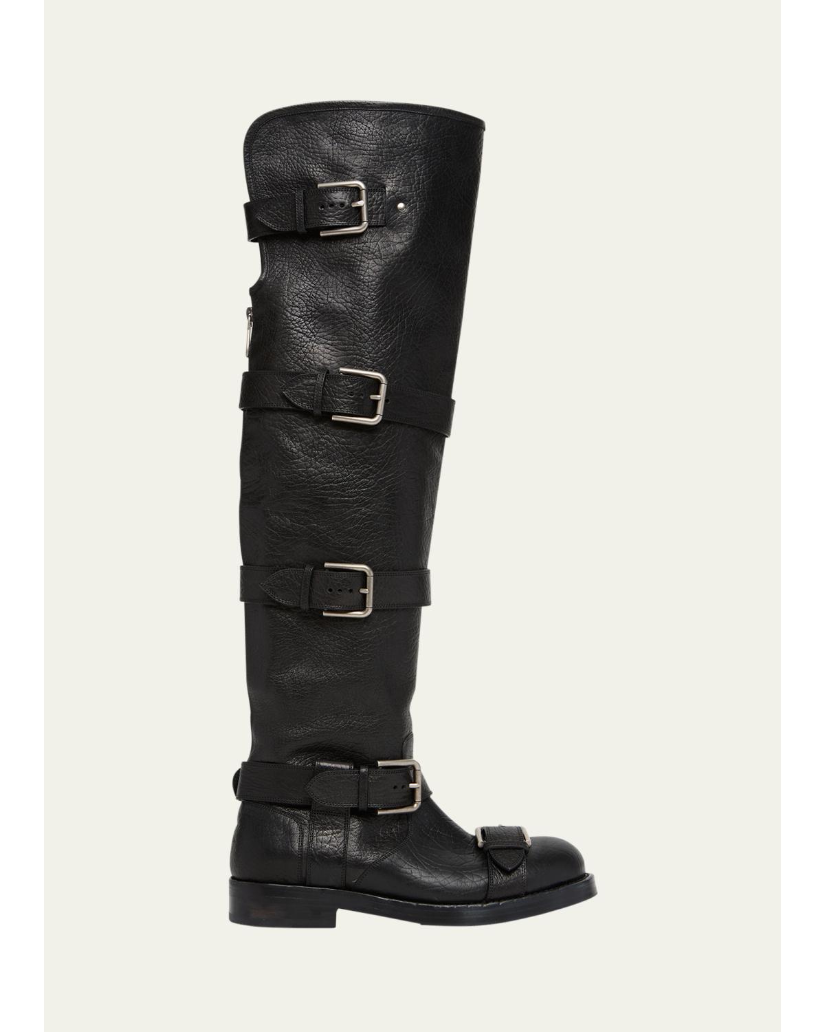 Leather Buckle Over-The-Knee Boots