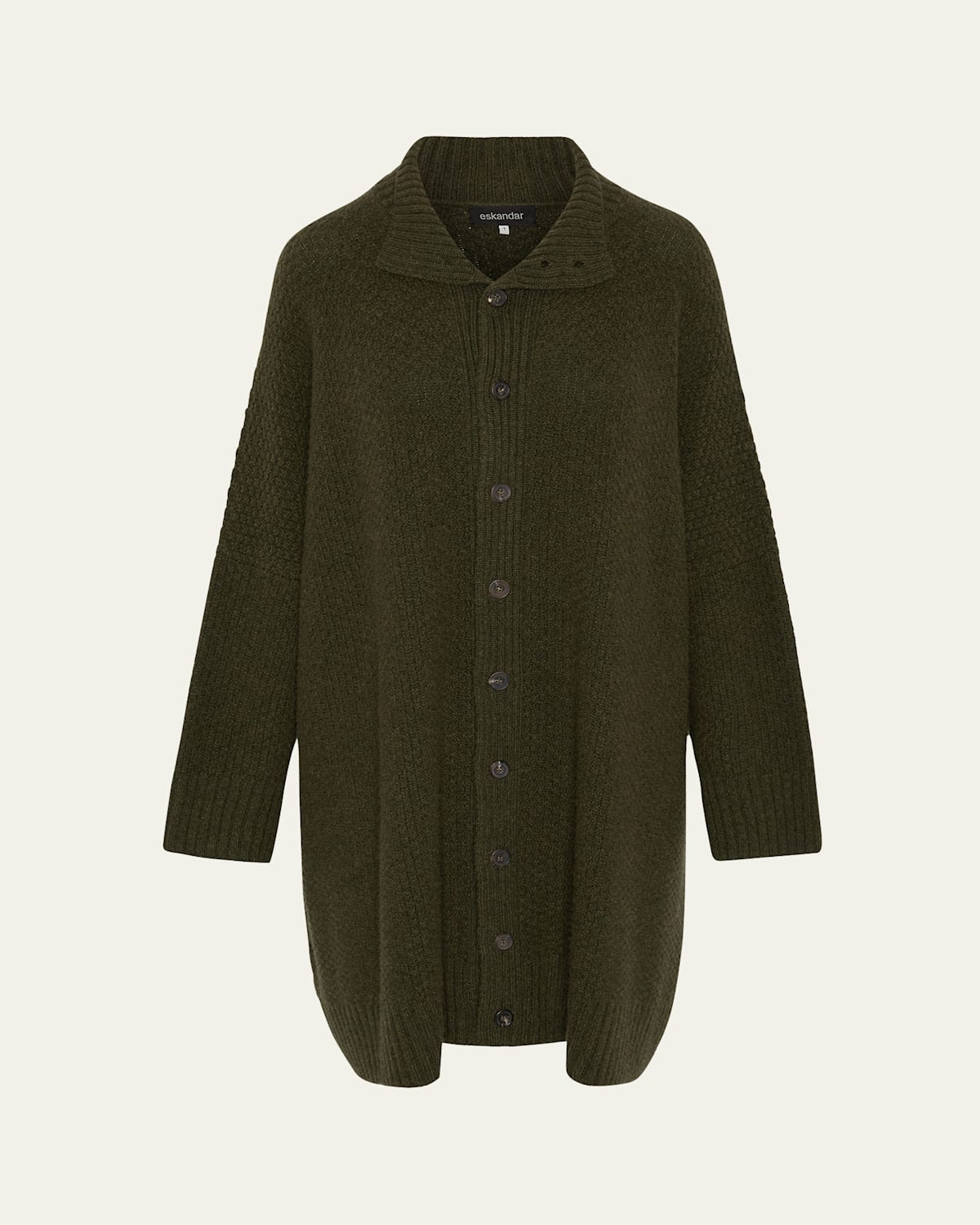 Eskandar Wide High-neck Button Cardigan (long Plus Length) In Green