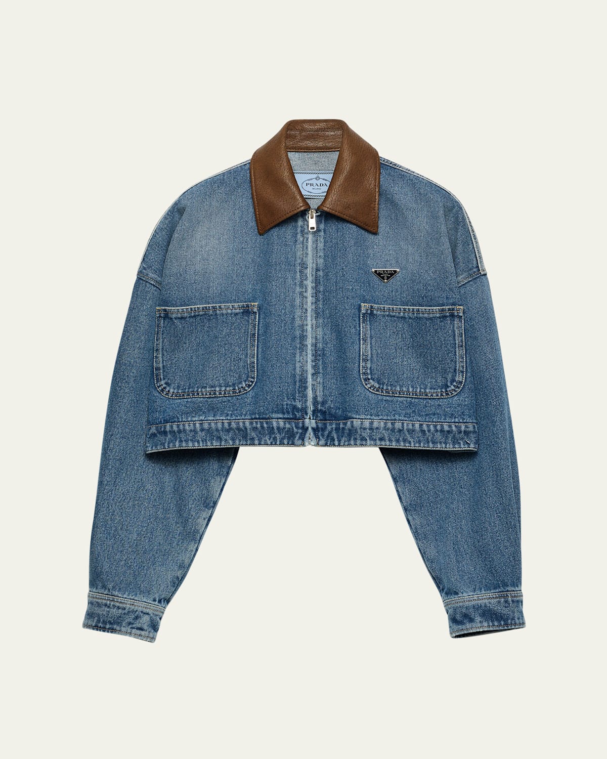 Prada Cropped Jacket With Dropped Shoulders And Puffed Sleeves In Blue