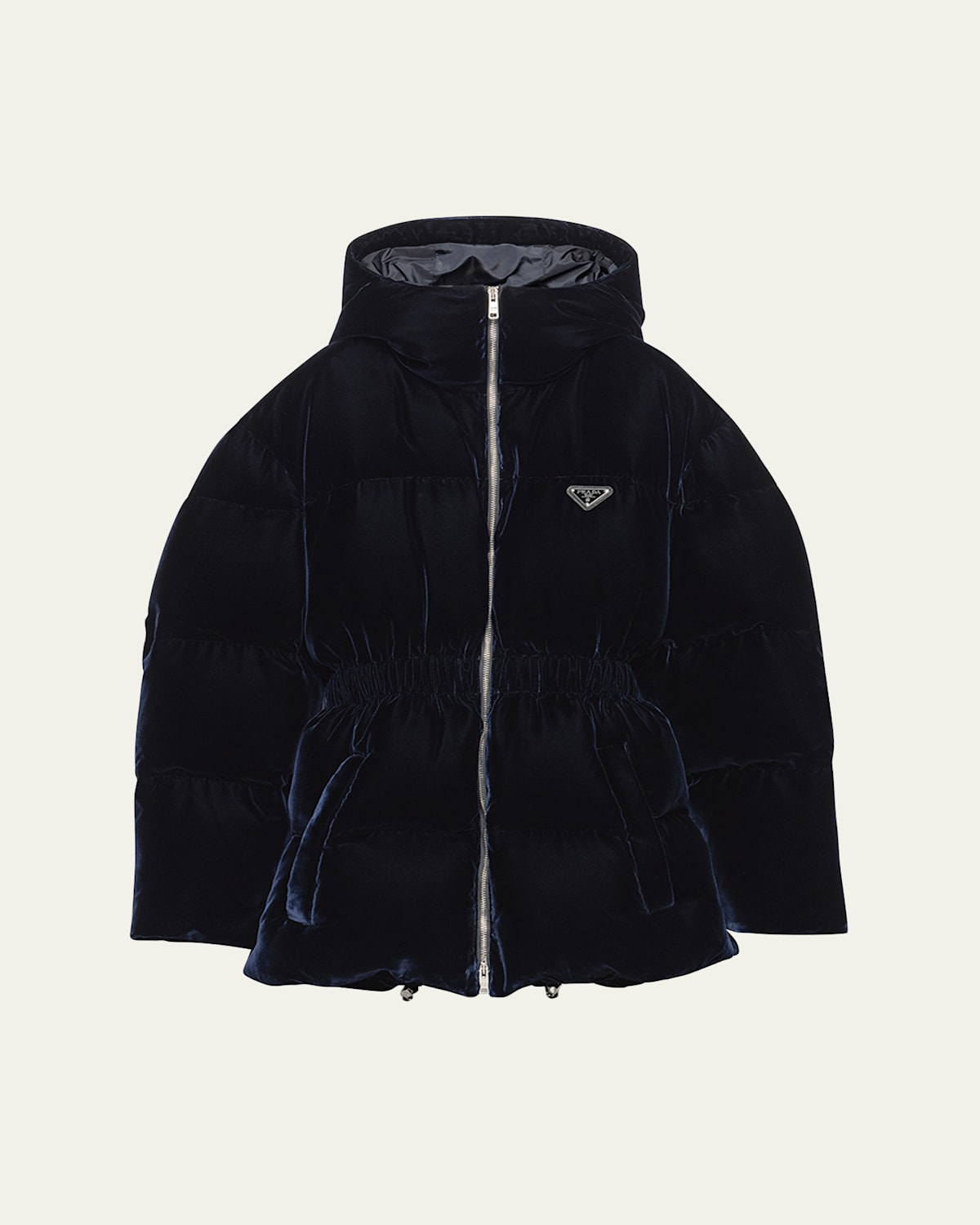 Prada Cinched Velvet Puffer Jacket In Blue