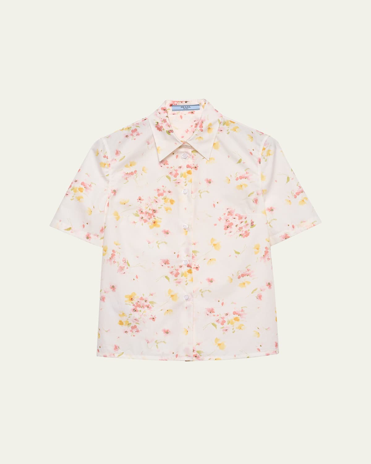 Prada Bouquet Poplin Short-sleeve Button-down Blouse In Orange