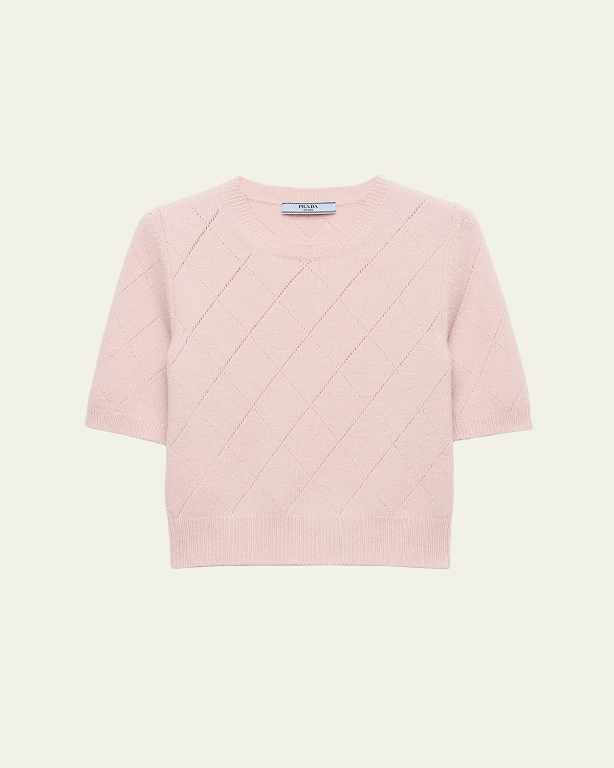 Prada Cashmere Argyle Pointelle Knit Short-sleeve Sweater In Pink