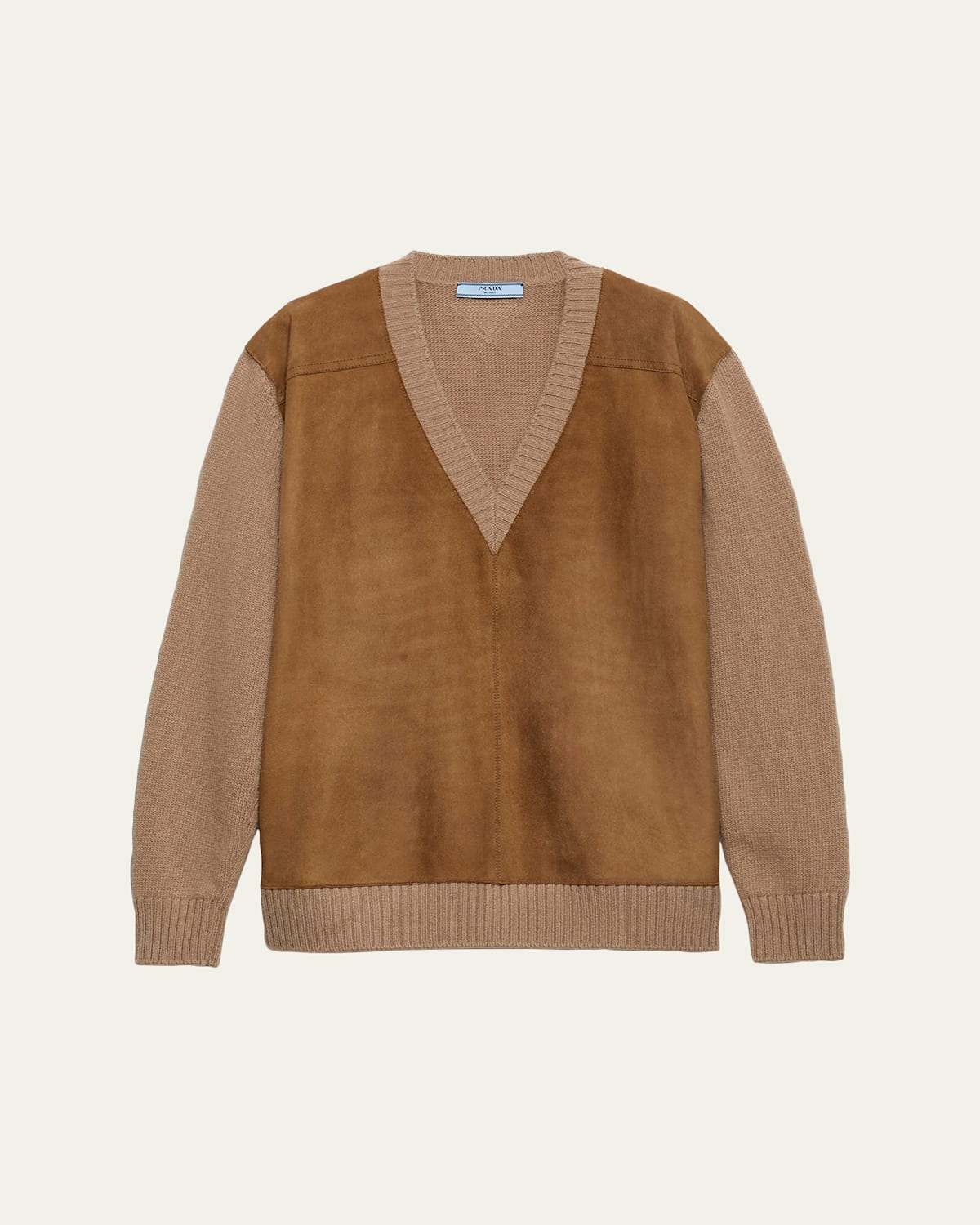 Prada Suede-front V-neck Cashmere Sweater In Brown