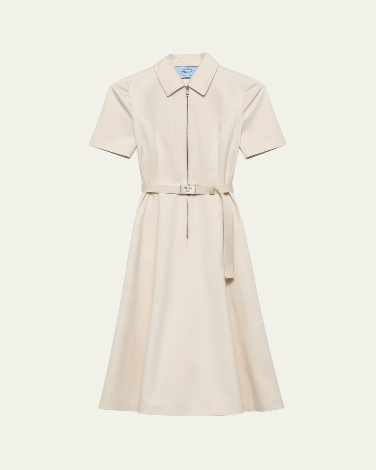 Prada Short-sleeve Belted Chino Midi Dress In Neutral