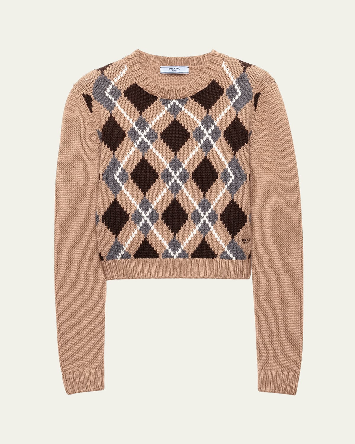 Prada Cashmere Argyle Crewneck Sweater In Brown
