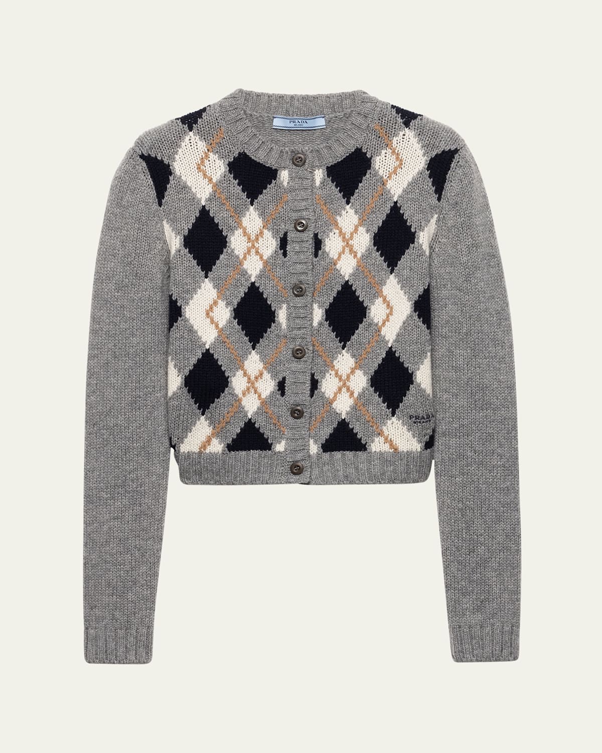 Prada Cashmere Argyle Crewneck Cardigan In Multi