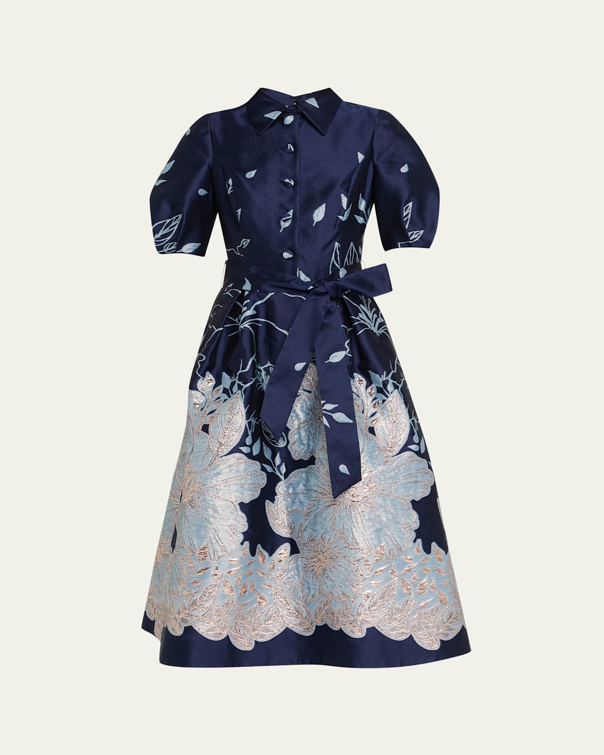 Rickie Freeman For Teri Jon Puff-sleeve Floral Jacquard Midi Shirtdress In Multi