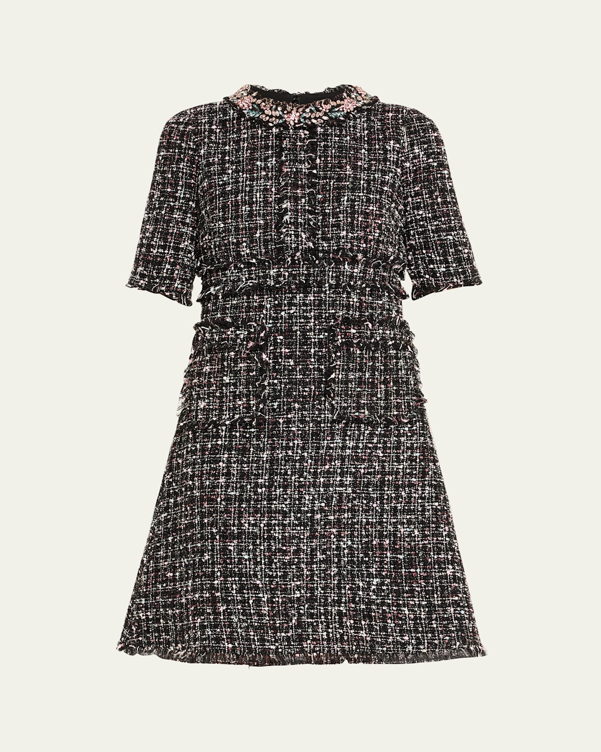 Rickie Freeman For Teri Jon Crystal-trim Fringed Tweed Dress In Multi